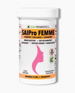A bottle of Saipro Femme probiotic supplement for women's health.